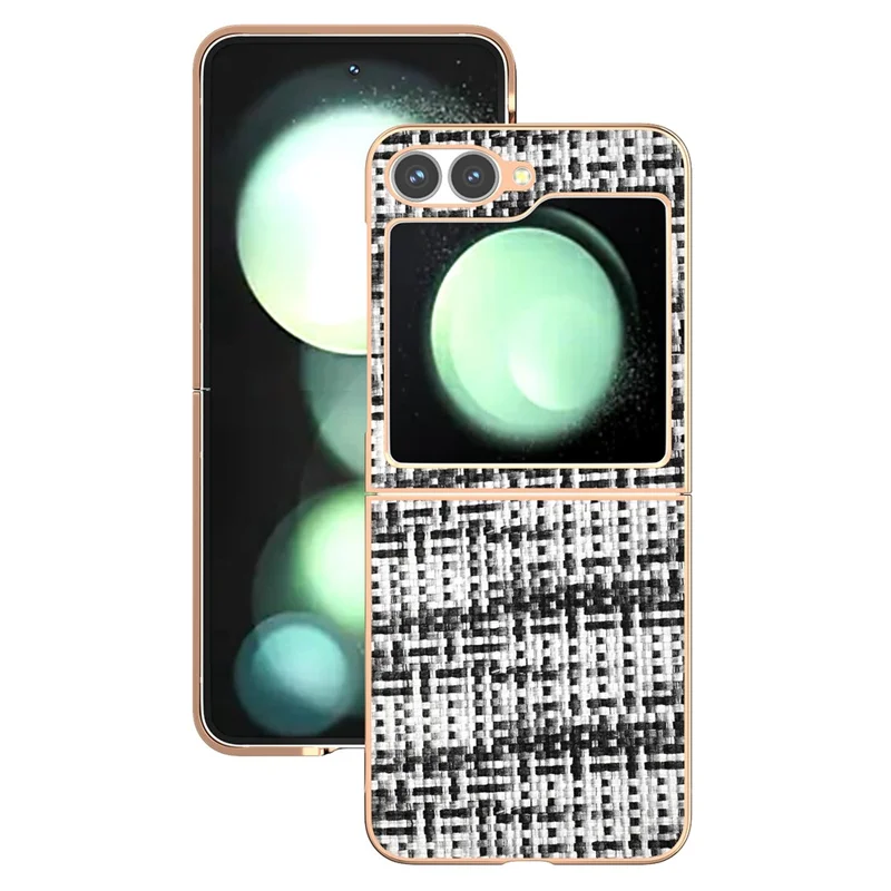 ABEEL For Samsung Galaxy Z Flip7 FE 5G / Z Flip6 5G Case Electroplating Edge Plaid Texture PU Leather+PC Phone Cover - Black+White