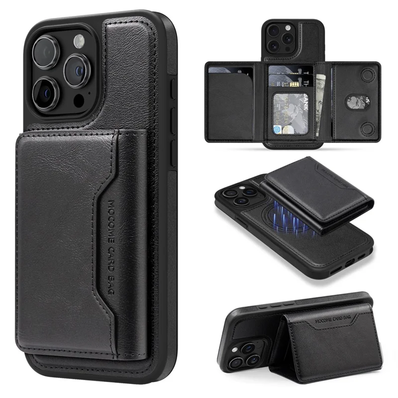 غطاء هاتفي المغناطيسي لهاتف iPhone 15 Pro مع غطاء خلفي من الجلد مع حقيبة بطاقات قابلة للفصل - أسود