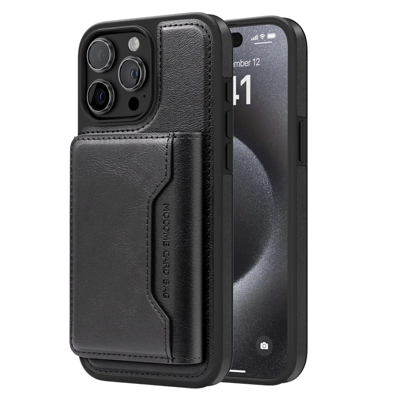 غطاء هاتفي المغناطيسي لهاتف iPhone 15 Pro مع غطاء خلفي من الجلد مع حقيبة بطاقات قابلة للفصل - أسود
