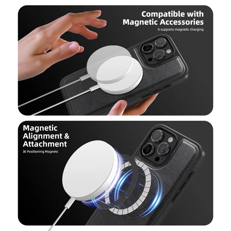 غطاء هاتفي المغناطيسي لهاتف iPhone 15 Pro مع غطاء خلفي من الجلد مع حقيبة بطاقات قابلة للفصل - أسود