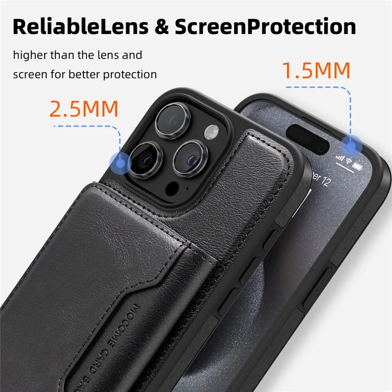 غطاء هاتفي المغناطيسي لهاتف iPhone 15 Pro مع غطاء خلفي من الجلد مع حقيبة بطاقات قابلة للفصل - أسود