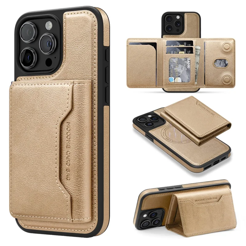 For iPhone 15 Pro Magnetic Case Leather Back Phone Cover with Detachable Card Bag - Gold