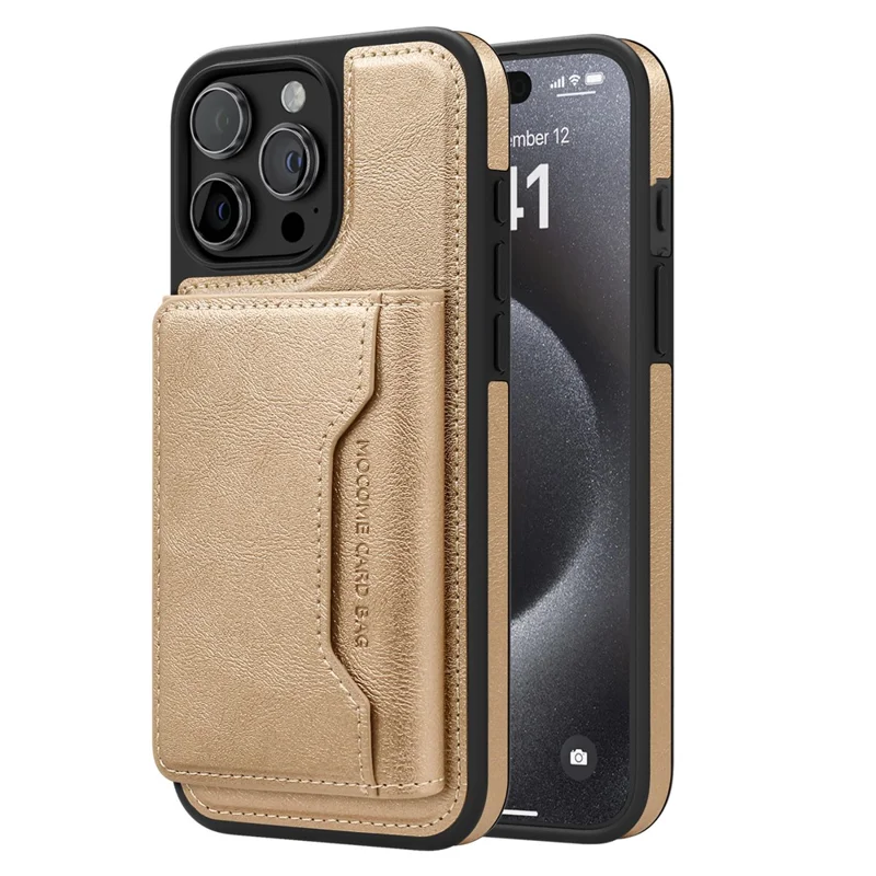 For iPhone 15 Pro Magnetic Case Leather Back Phone Cover with Detachable Card Bag - Gold