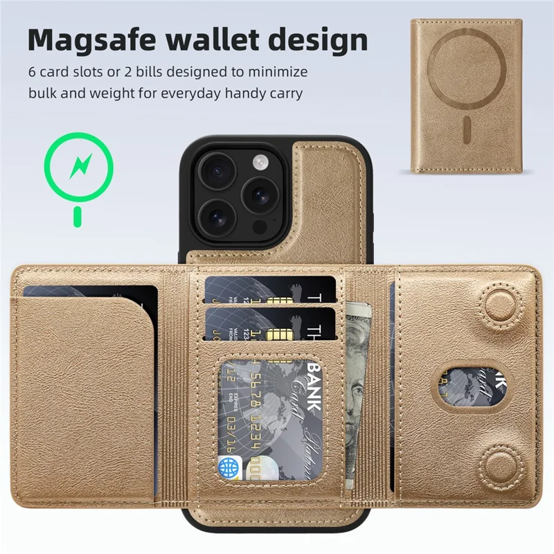 For iPhone 15 Pro Magnetic Case Leather Back Phone Cover with Detachable Card Bag - Gold