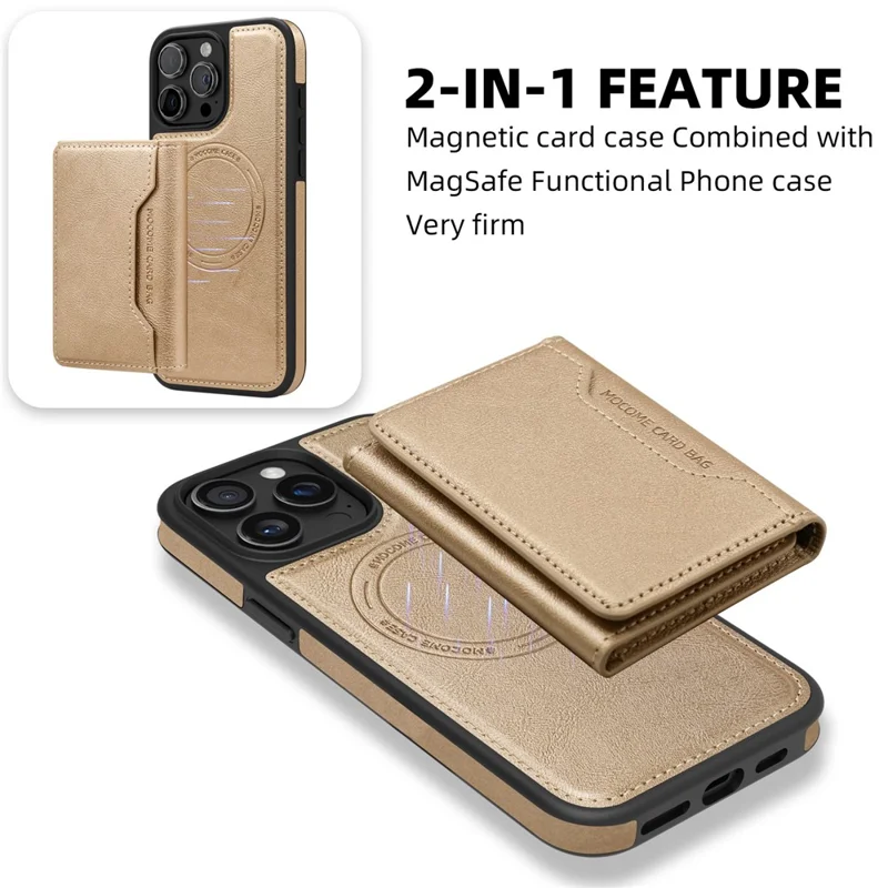 For iPhone 15 Pro Magnetic Case Leather Back Phone Cover with Detachable Card Bag - Gold