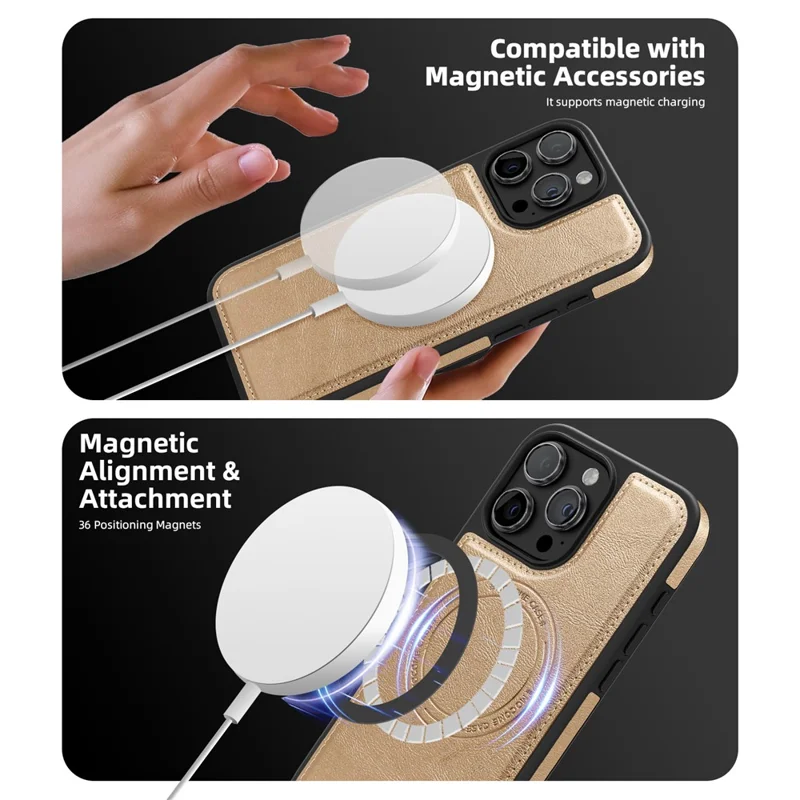For iPhone 15 Pro Magnetic Case Leather Back Phone Cover with Detachable Card Bag - Gold