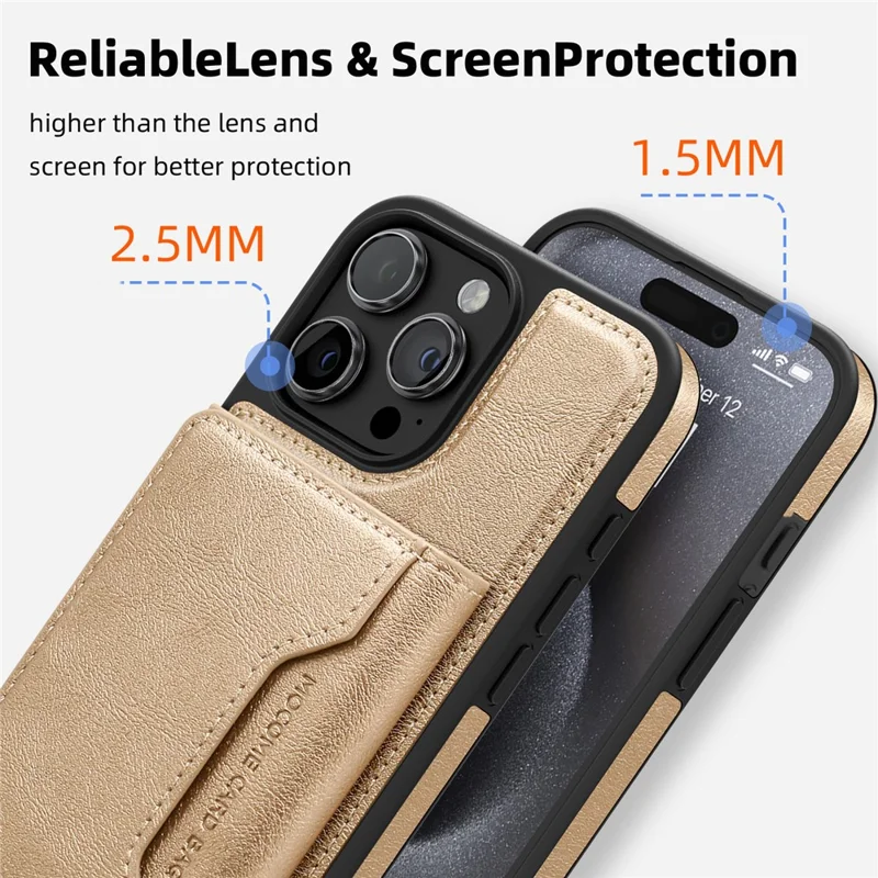 For iPhone 15 Pro Magnetic Case Leather Back Phone Cover with Detachable Card Bag - Gold