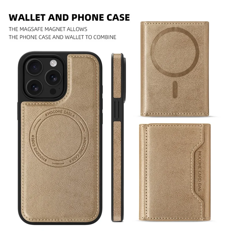 For iPhone 15 Pro Magnetic Case Leather Back Phone Cover with Detachable Card Bag - Gold