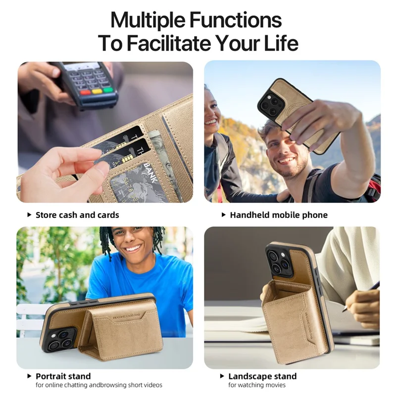 For iPhone 15 Pro Magnetic Case Leather Back Phone Cover with Detachable Card Bag - Gold