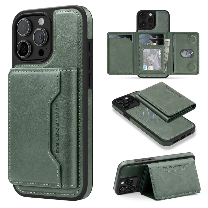 For iPhone 15 Pro Max Magnetic Case Leather Back Phone Cover with Detachable Card Bag - Blackish Green