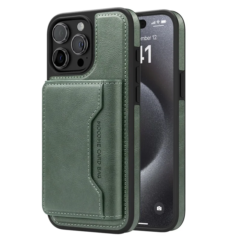 For iPhone 15 Pro Max Magnetic Case Leather Back Phone Cover with Detachable Card Bag - Blackish Green