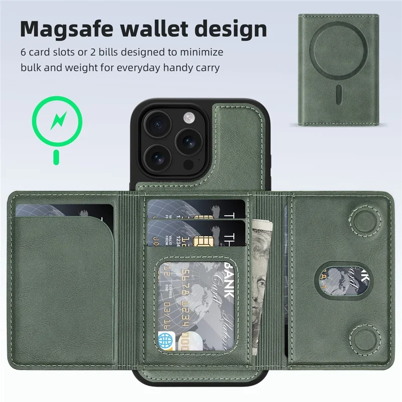 For iPhone 15 Pro Max Magnetic Case Leather Back Phone Cover with Detachable Card Bag - Blackish Green