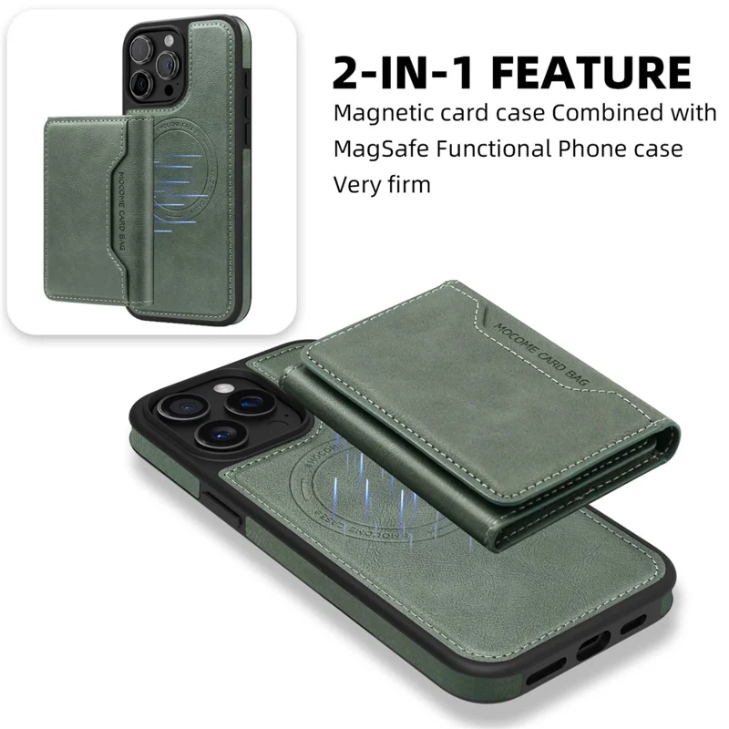 For iPhone 15 Pro Max Magnetic Case Leather Back Phone Cover with Detachable Card Bag - Blackish Green