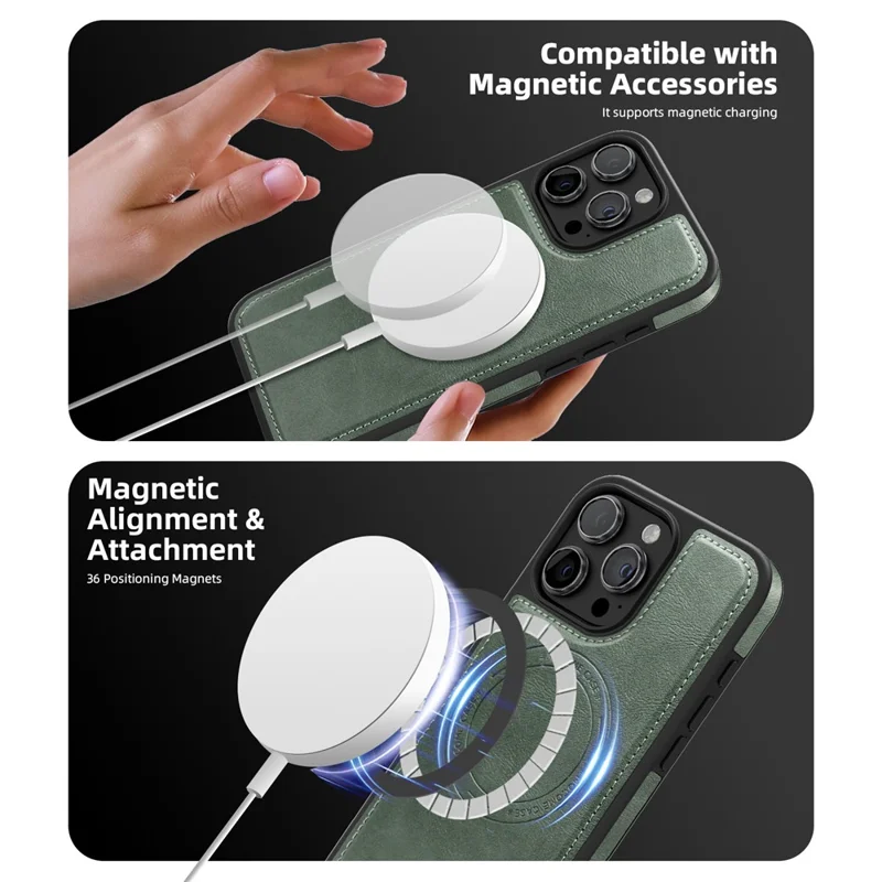 For iPhone 15 Pro Max Magnetic Case Leather Back Phone Cover with Detachable Card Bag - Blackish Green