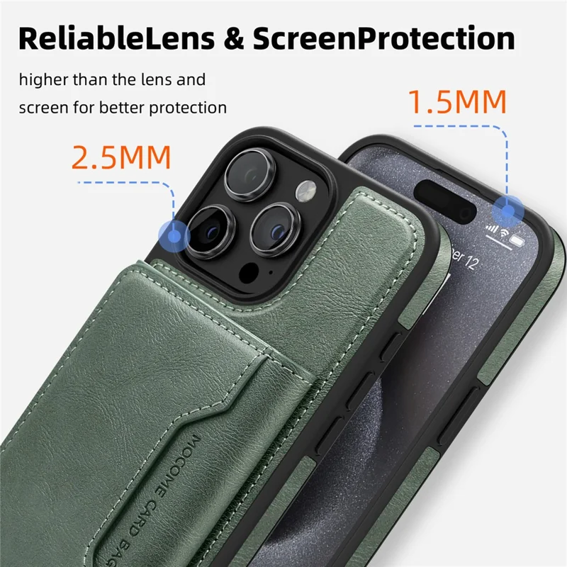 For iPhone 15 Pro Max Magnetic Case Leather Back Phone Cover with Detachable Card Bag - Blackish Green