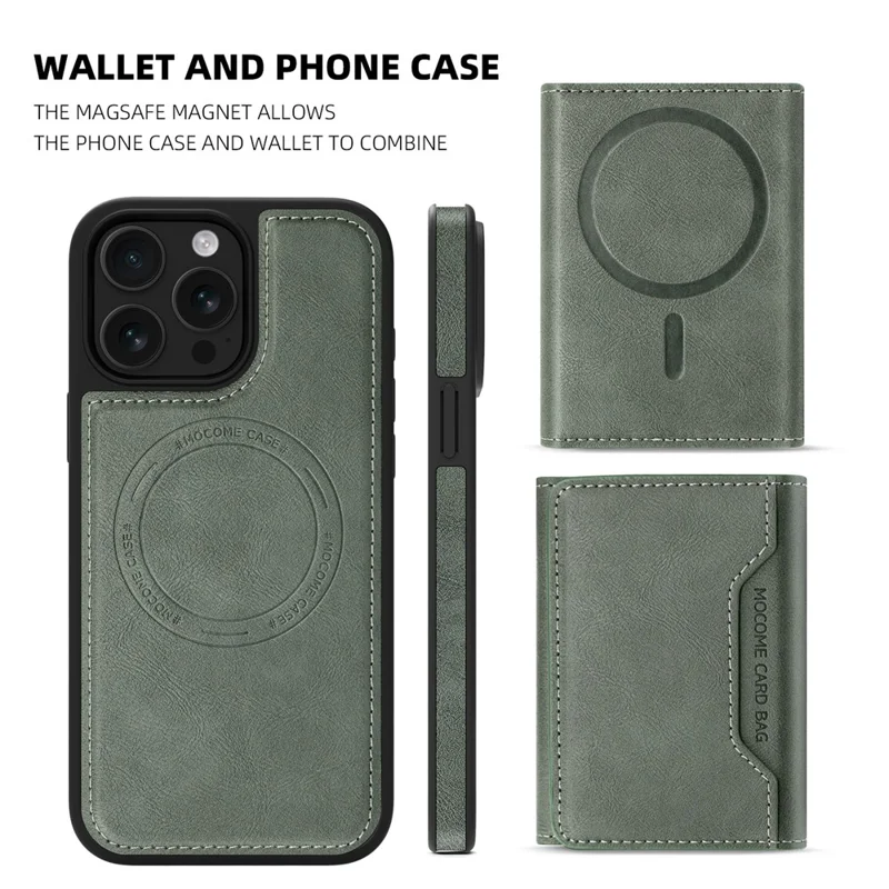 For iPhone 15 Pro Max Magnetic Case Leather Back Phone Cover with Detachable Card Bag - Blackish Green