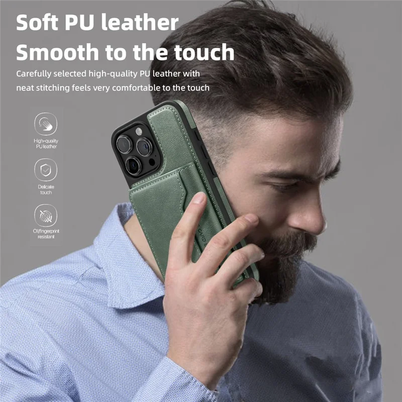 For iPhone 15 Pro Max Magnetic Case Leather Back Phone Cover with Detachable Card Bag - Blackish Green