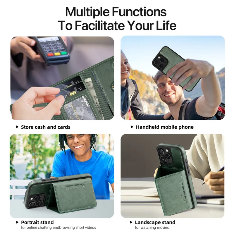 For iPhone 15 Pro Max Magnetic Case Leather Back Phone Cover with Detachable Card Bag - Blackish Green