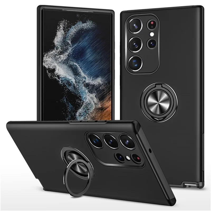 For Samsung Galaxy S25 Ultra Case PC+TPU Phone Cover with Rotatable Ring Holder - Black