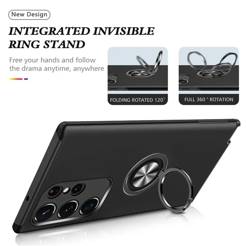 For Samsung Galaxy S25 Ultra Case PC+TPU Phone Cover with Rotatable Ring Holder - Black
