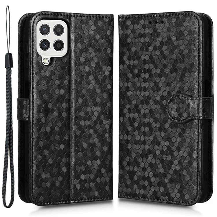 Anti-fall Phone Wallet Case For Samsung Galaxy A12 / M12, Dot Pattern Imprinted PU Leather Magnetic Clasp Phone Shell Stand Folio Flip Cover with Strap - Black