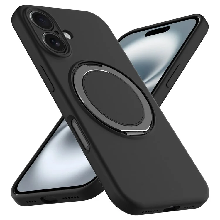 Custodia per iPhone 16 compatibile con MagSafe Supporto per anello metallico rotante PC + Custodia per cellulare in silicone - Nero
