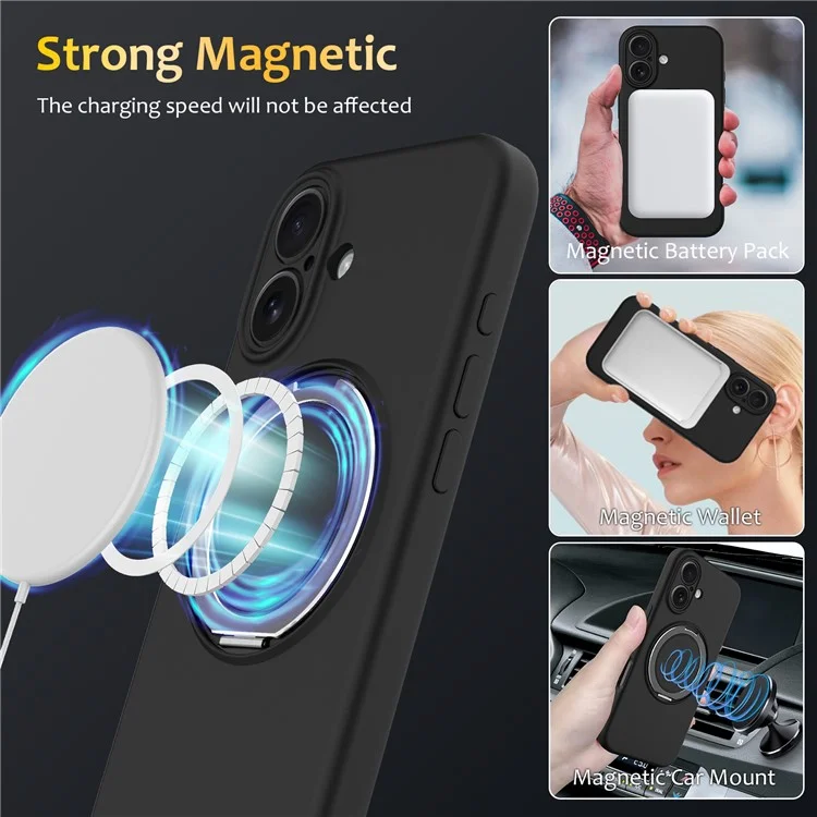 Custodia per iPhone 16 compatibile con MagSafe Supporto per anello metallico rotante PC + Custodia per cellulare in silicone - Nero