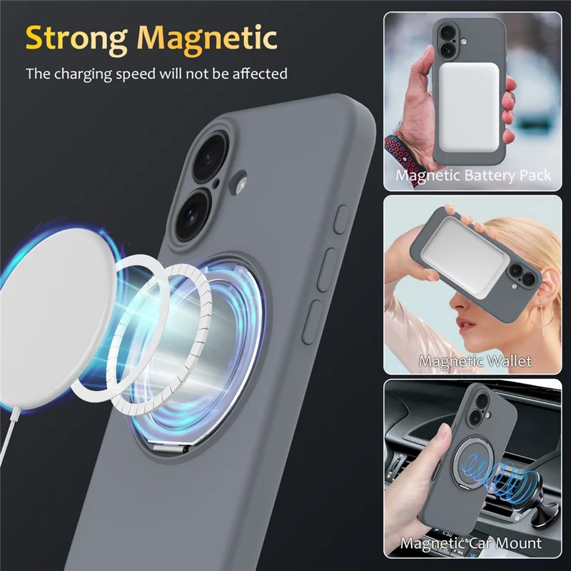 Чехол для iPhone 16 Plus совместимый с MagSafe, вращающаяся металлическая подставка, чехол из ПК + силикона - серый