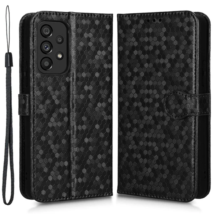 For Samsung Galaxy A53 5G Shockproof PU Leather Phone Cover Dot Pattern Imprinted Flip Wallet Stand Magnetic Phone Case with Strap - Black
