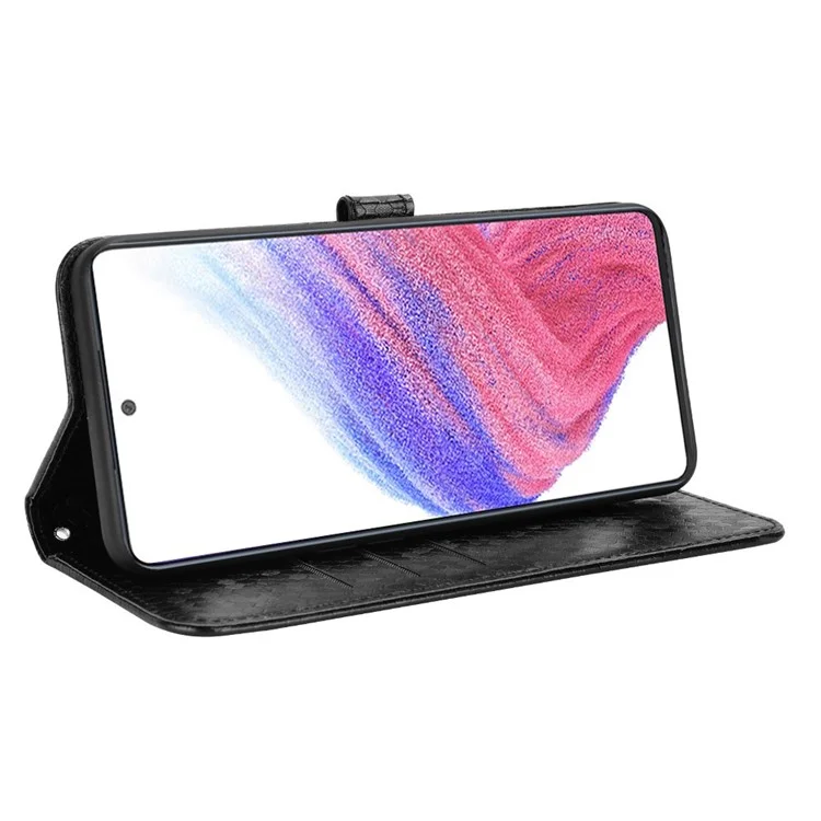 For Samsung Galaxy A53 5G Shockproof PU Leather Phone Cover Dot Pattern Imprinted Flip Wallet Stand Magnetic Phone Case with Strap - Black
