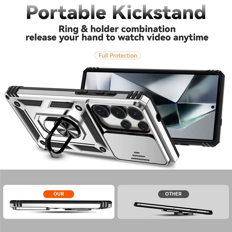 For Samsung Galaxy S25 Ultra Case PC + TPU Phone Cover Lens Ultimate Protection Kickstand - Silver