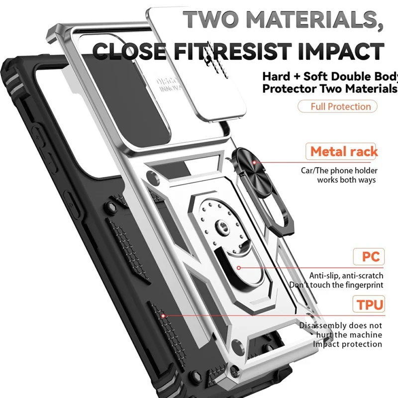 For Samsung Galaxy S25 Ultra Case PC + TPU Phone Cover Lens Ultimate Protection Kickstand - Silver
