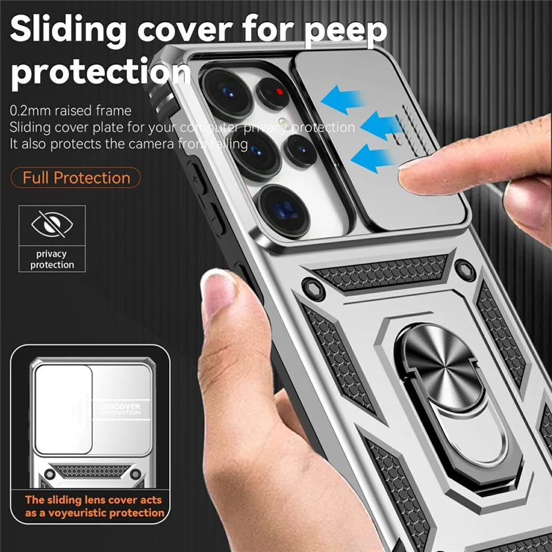 For Samsung Galaxy S25 Ultra Case PC + TPU Phone Cover Lens Ultimate Protection Kickstand - Silver
