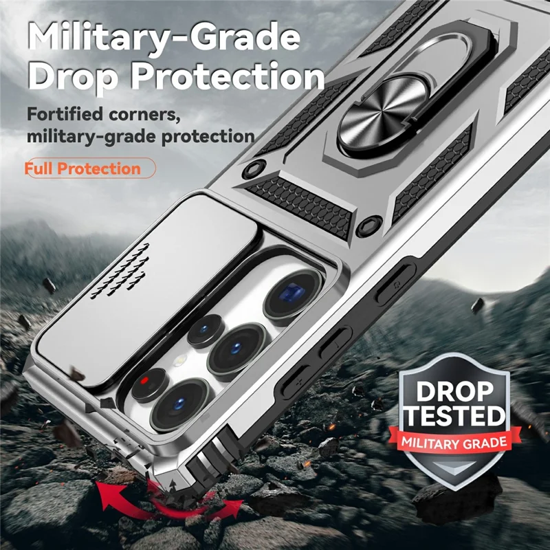 For Samsung Galaxy S25 Ultra Case PC + TPU Phone Cover Lens Ultimate Protection Kickstand - Silver