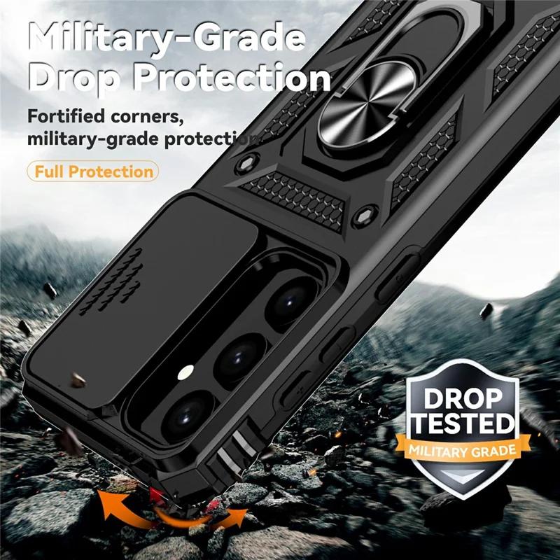För Samsung Galaxy S25+ Skal PC + TPU Telefonhölje Lins Ultimat Skydd Ställfot - Svart