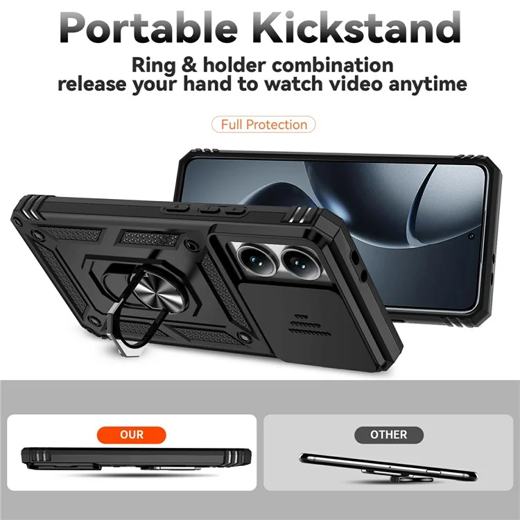 For Xiaomi 14T Pro Case PC + TPU Phone Cover Lens Ultimate Protection Kickstand - Black