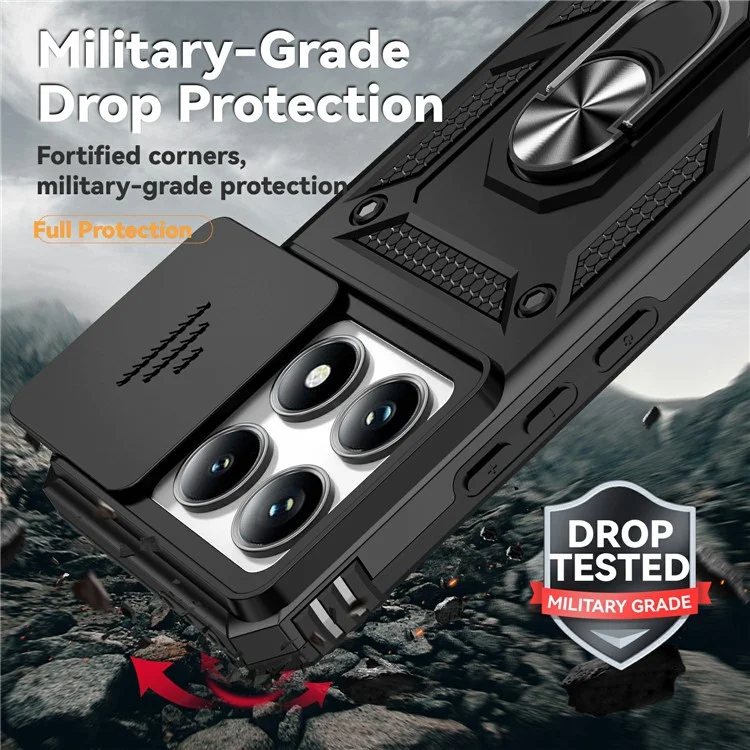 For Xiaomi 14T Pro Case PC + TPU Phone Cover Lens Ultimate Protection Kickstand - Black