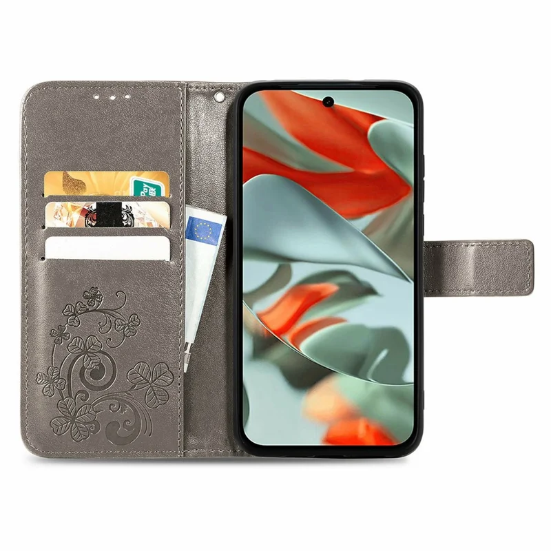 For Google Pixel 10 Pro XL / 9 Pro XL Leather Case Four-Leaf Clover Imprinted Wallet Stand Phone Cover - Grey