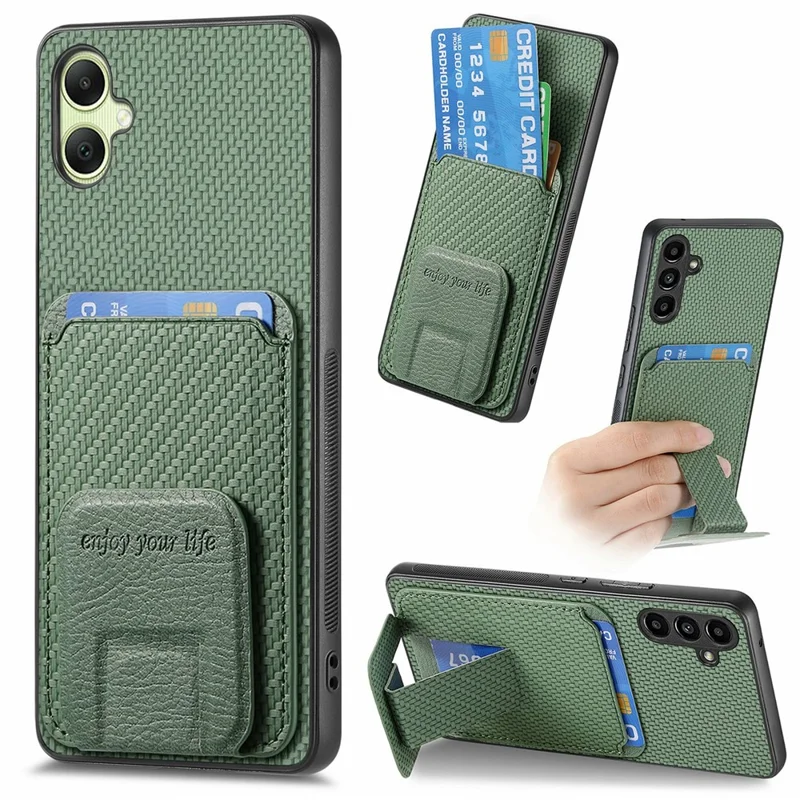 For Samsung Galaxy A06 4G Case Card Holder Carbon Fiber Texture Leather Coated TPU Phone Cover - Green