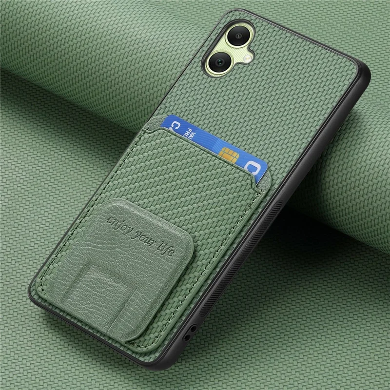 For Samsung Galaxy A06 4G Case Card Holder Carbon Fiber Texture Leather Coated TPU Phone Cover - Green