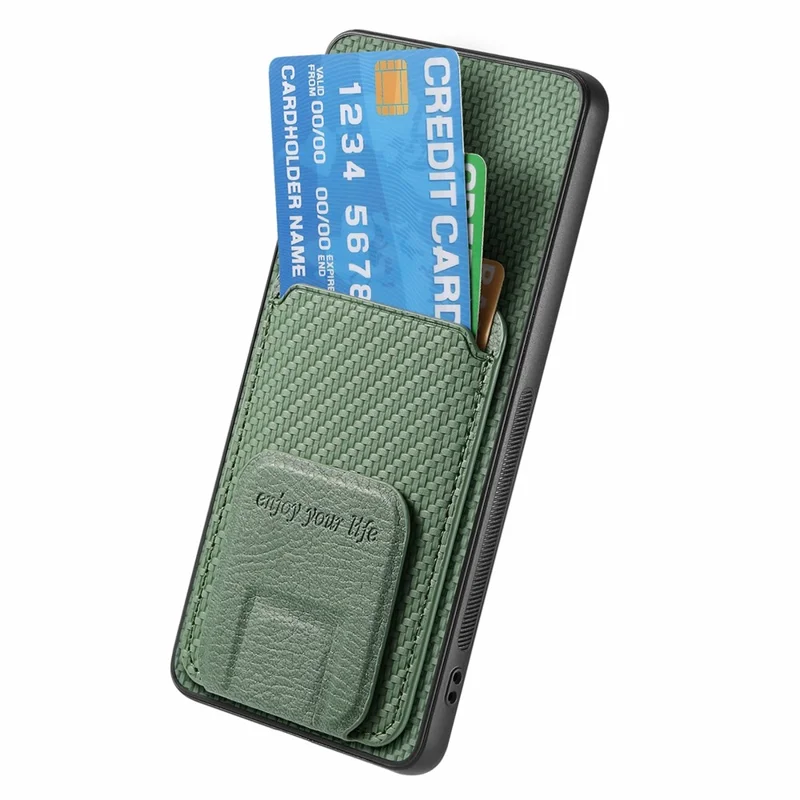 For Samsung Galaxy A06 4G Case Card Holder Carbon Fiber Texture Leather Coated TPU Phone Cover - Green