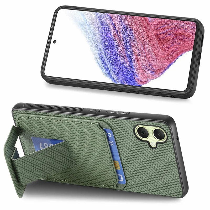 For Samsung Galaxy A06 4G Case Card Holder Carbon Fiber Texture Leather Coated TPU Phone Cover - Green