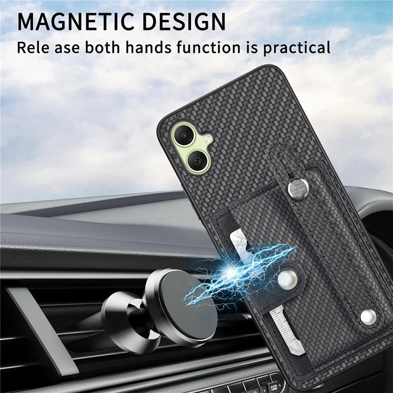 For Samsung Galaxy A06 4G Case Wristband Anti-Drop Leather Back Cover Card Holder - Khaki