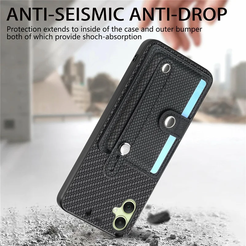 For Samsung Galaxy A06 4G Case Wristband Anti-Drop Leather Back Cover Card Holder - Khaki