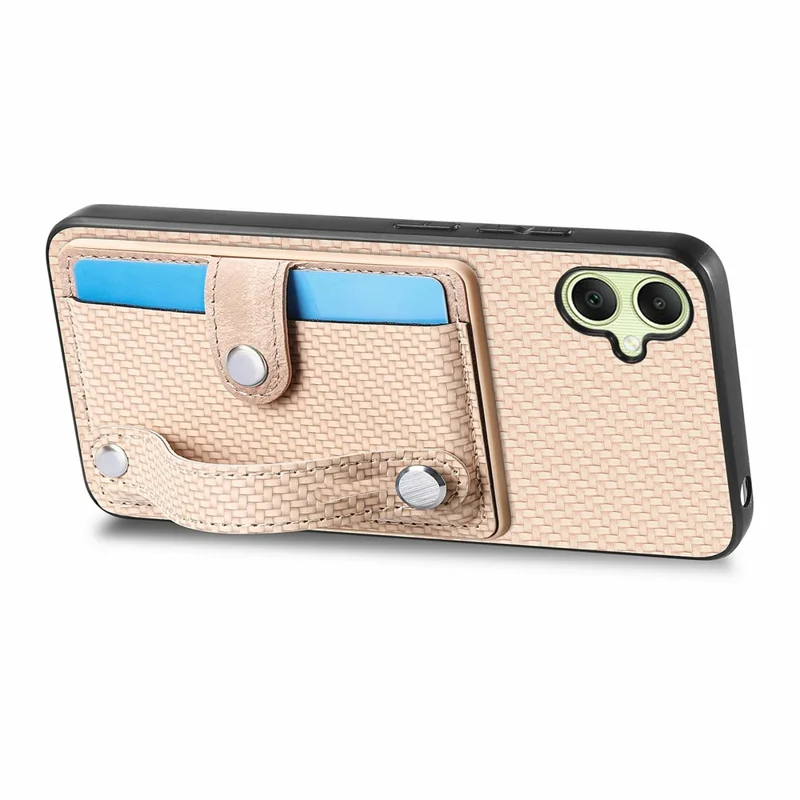 For Samsung Galaxy A06 4G Case Wristband Anti-Drop Leather Back Cover Card Holder - Khaki