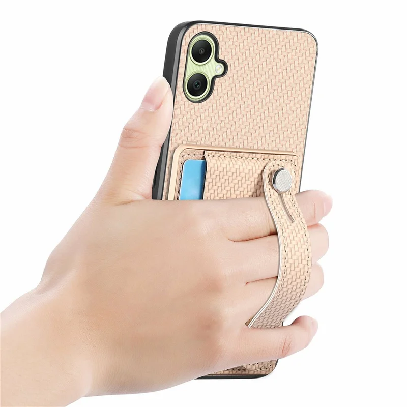 For Samsung Galaxy A06 4G Case Wristband Anti-Drop Leather Back Cover Card Holder - Khaki