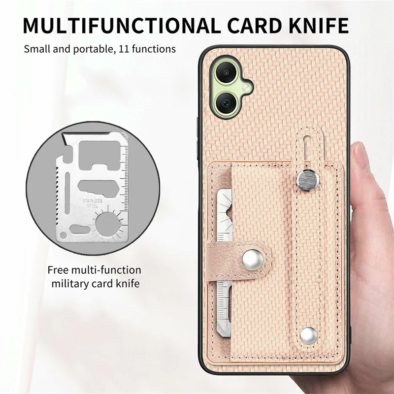 For Samsung Galaxy A06 4G Case Wristband Anti-Drop Leather Back Cover Card Holder - Khaki