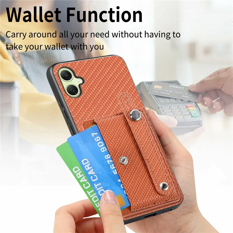 For Samsung Galaxy A06 4G Case Wristband Anti-Drop Leather Back Cover Card Holder - Khaki