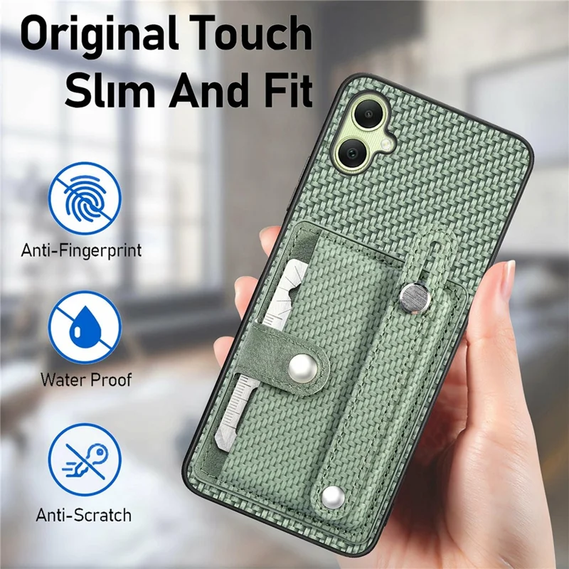 For Samsung Galaxy A06 4G Case Wristband Anti-Drop Leather Back Cover Card Holder - Khaki