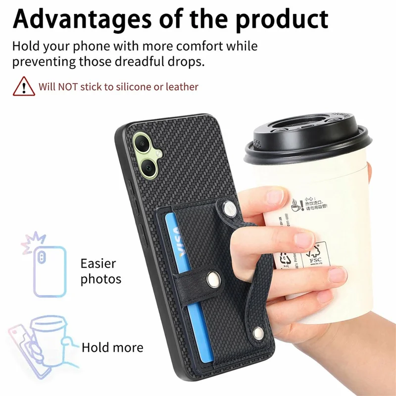 For Samsung Galaxy A06 4G Case Wristband Anti-Drop Leather Back Cover Card Holder - Khaki